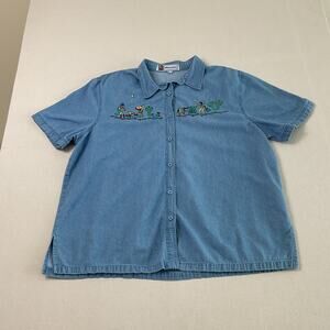 Passion Southwestern Embroidered Denim Short Sleeve Tee Shirt Pure Cotton 2XL
